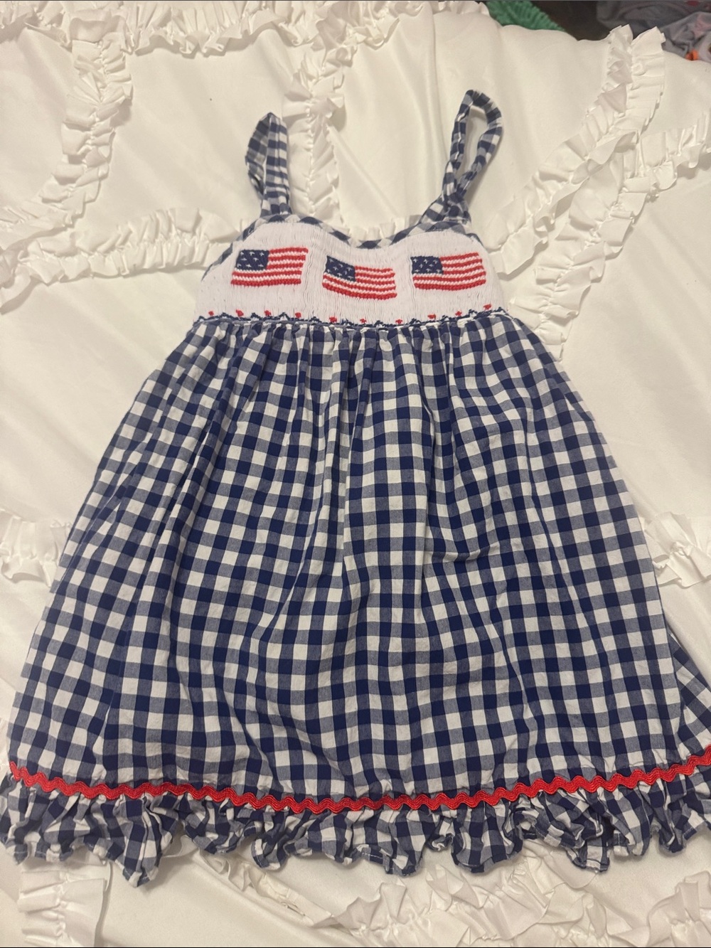 Toddler Girls Navy Gingham Flag Smocked Sundress